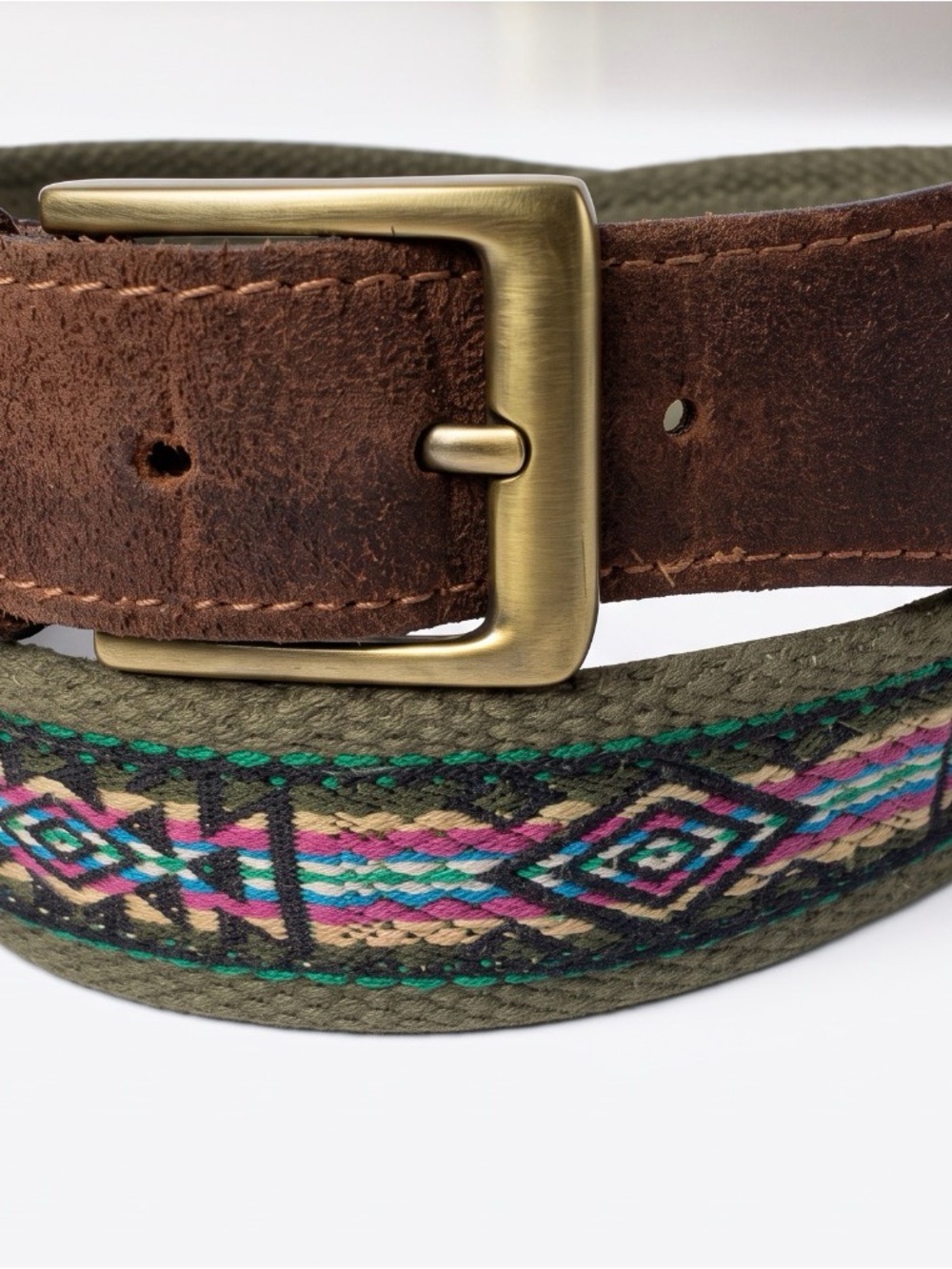 Handcrafted Argentine Woven Olive Green Canvas & Genuine Cowhide Leather Belt